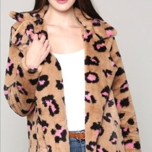 JOY JOY Tan Leopard Pink Faux Fur Coat
